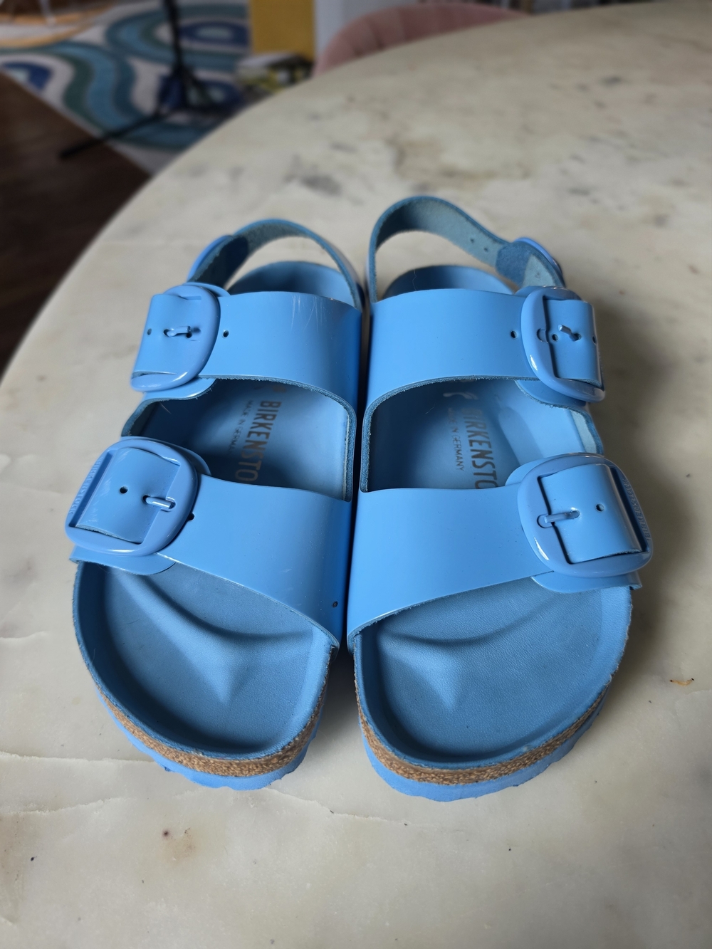 Birkenstock Milano Big Buckle Leather Sandal High Shine Sky Blue Size 7-7.5 - Picture 2 of 9